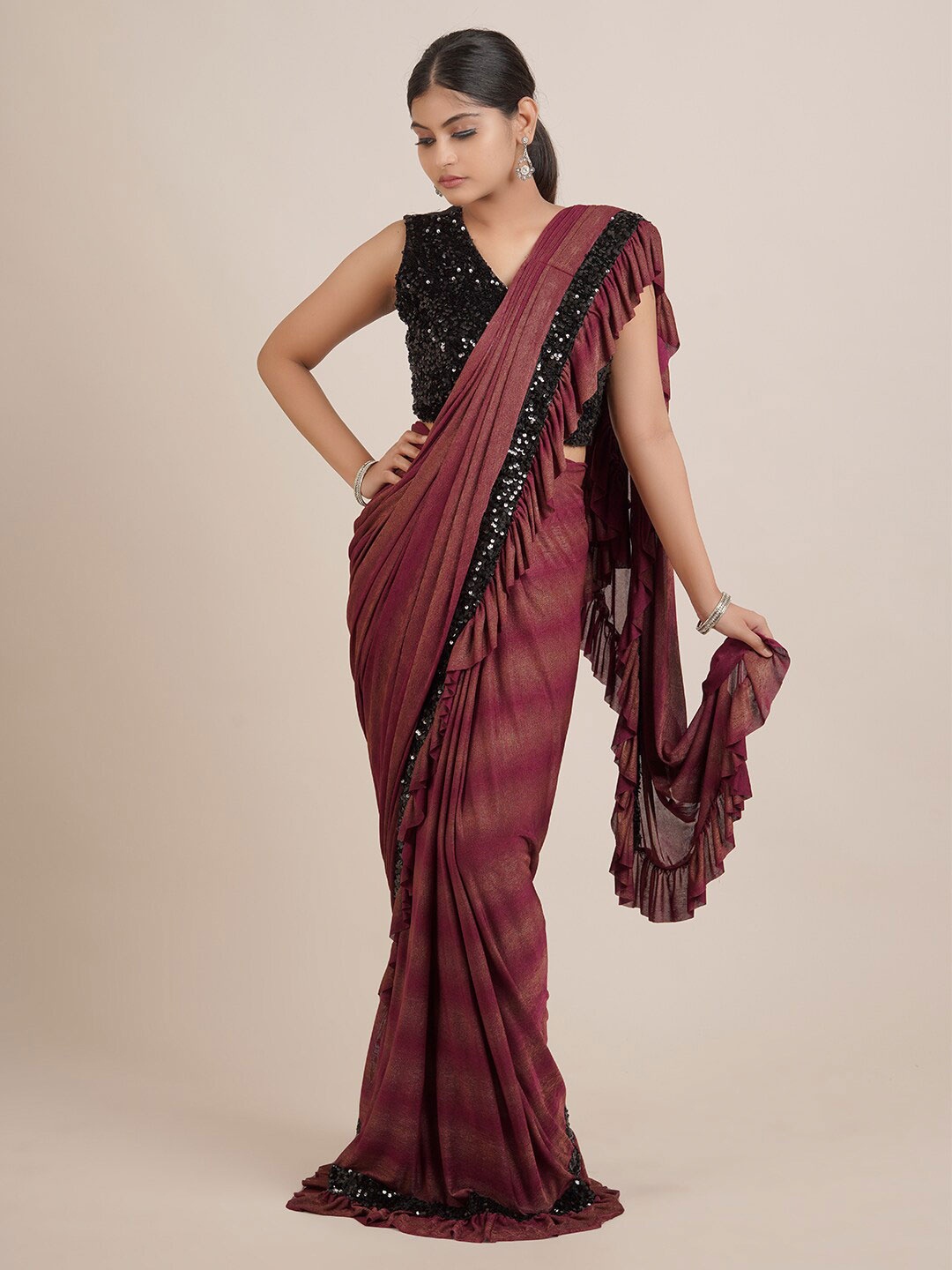 

Pothys Purple & Black Embellished Sequinned Satin Saree