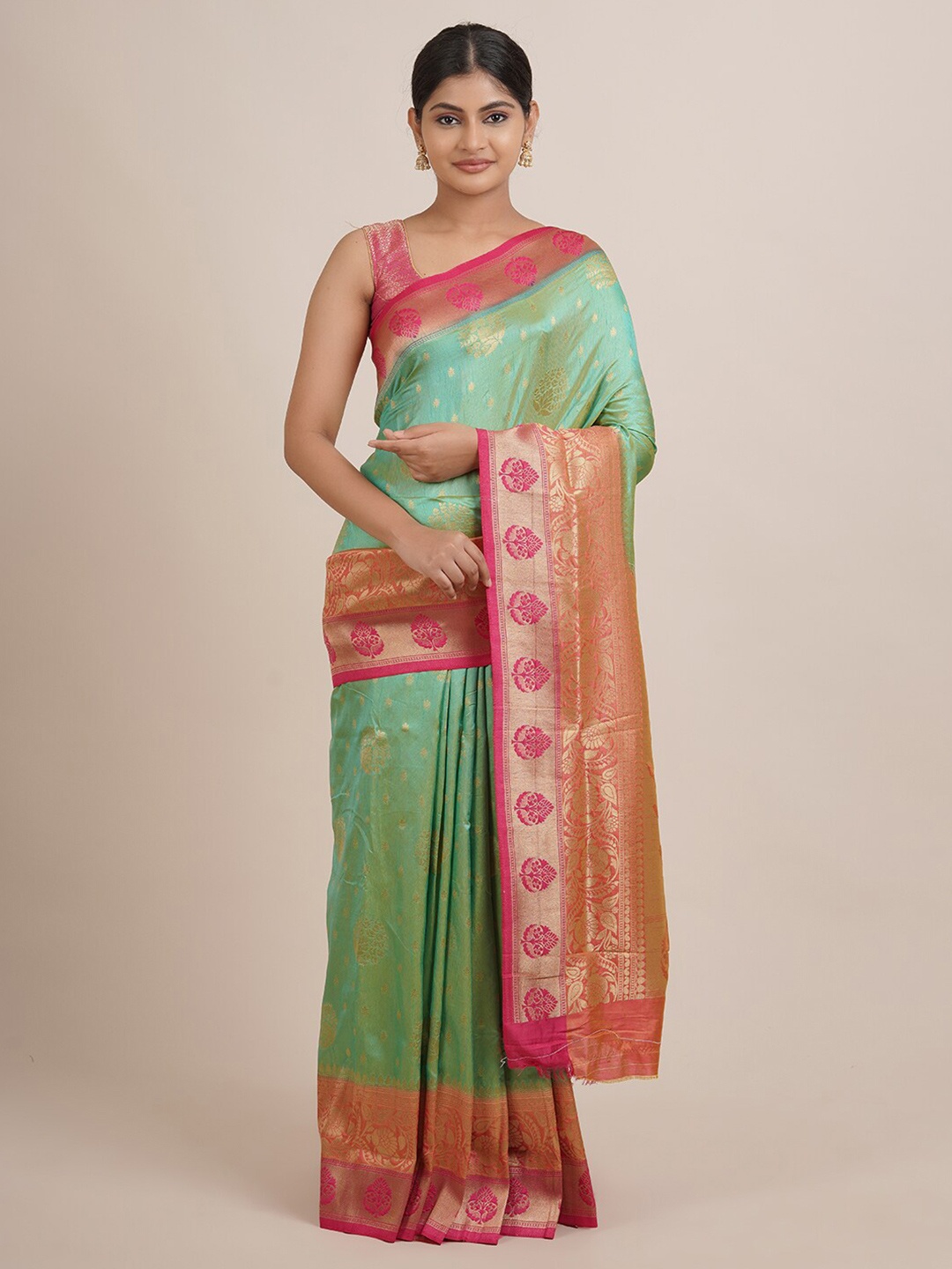 

Pothys Green & Red Floral Zari Jute Silk Saree