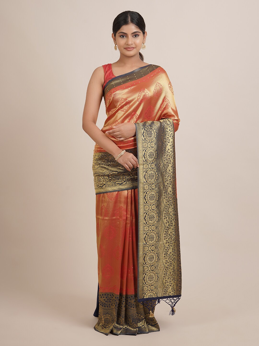 

Pothys Red & Blue Ethnic Motifs Woven Design Saree
