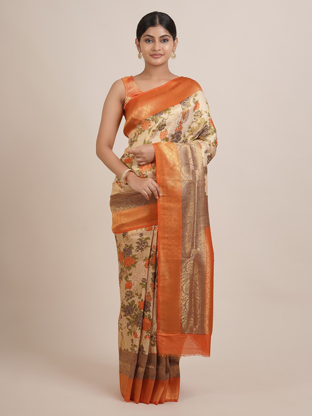 

Pothys Cream-Coloured & Orange Floral Zari Jute Silk Saree