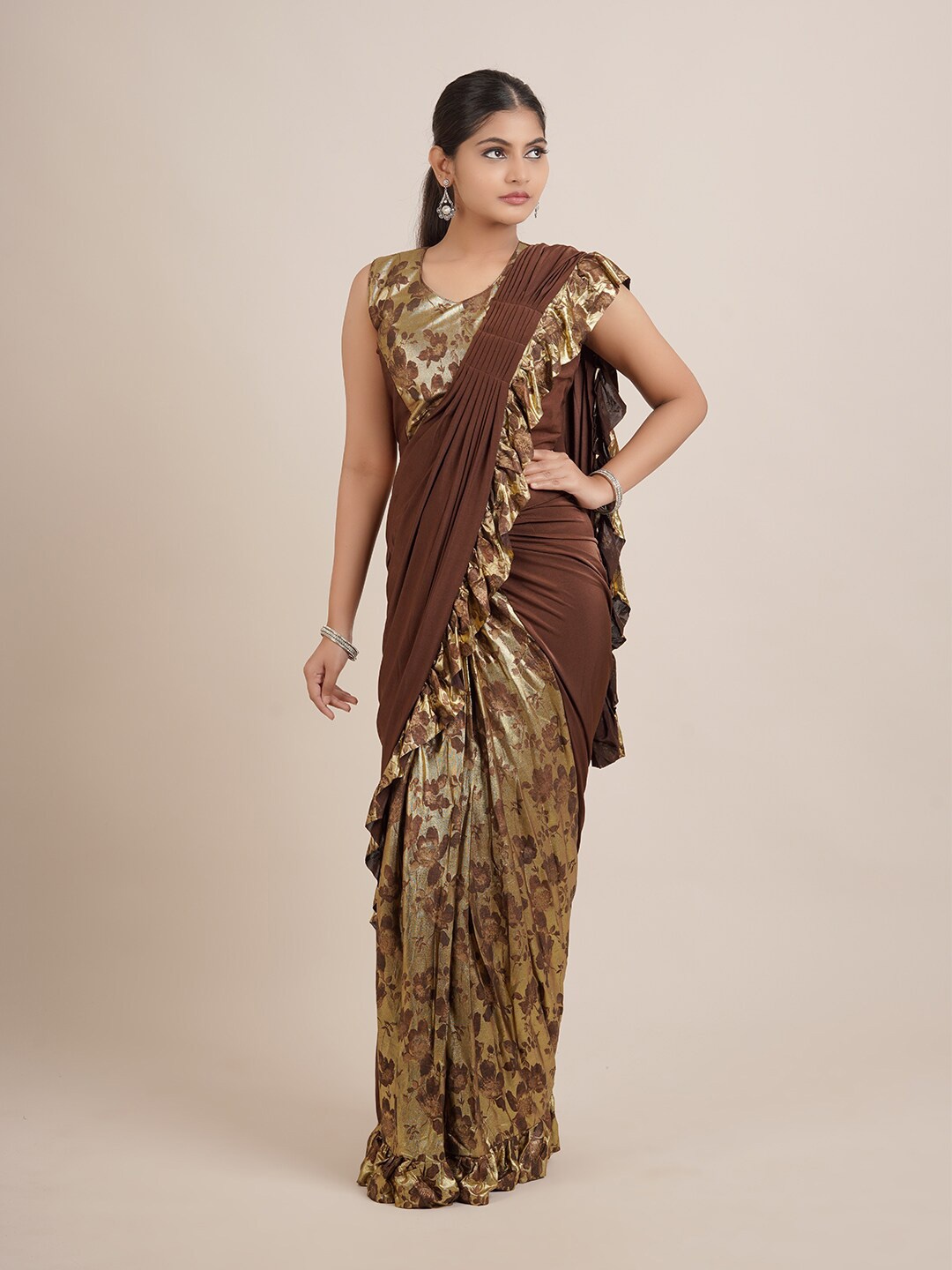 

Pothys Brown & Gold-Toned Floral Satin Saree