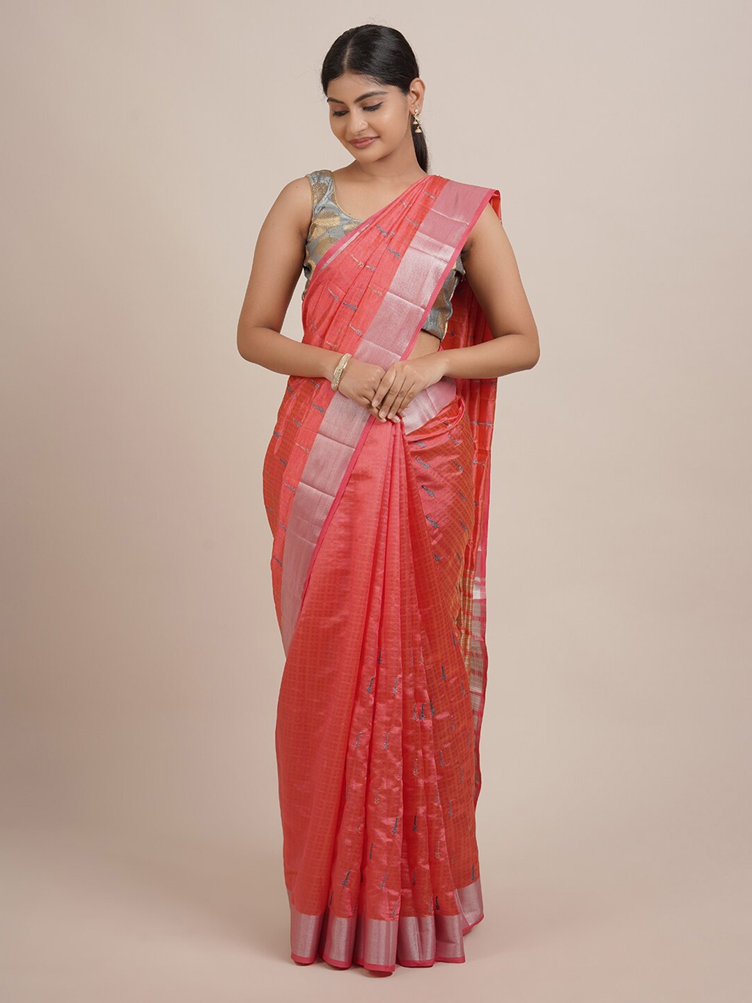 

Pothys Pink & Blue Woven Design Zari Jute Silk Saree