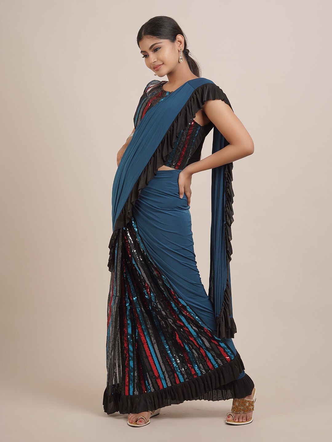 

Pothys Blue Embellished Sequinned Satin Fusion Saree