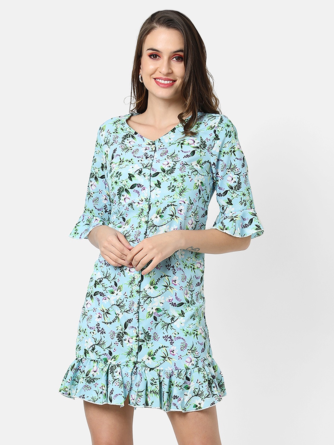 

Campus Sutra Turquoise Blue & Green Floral A-Line Dress