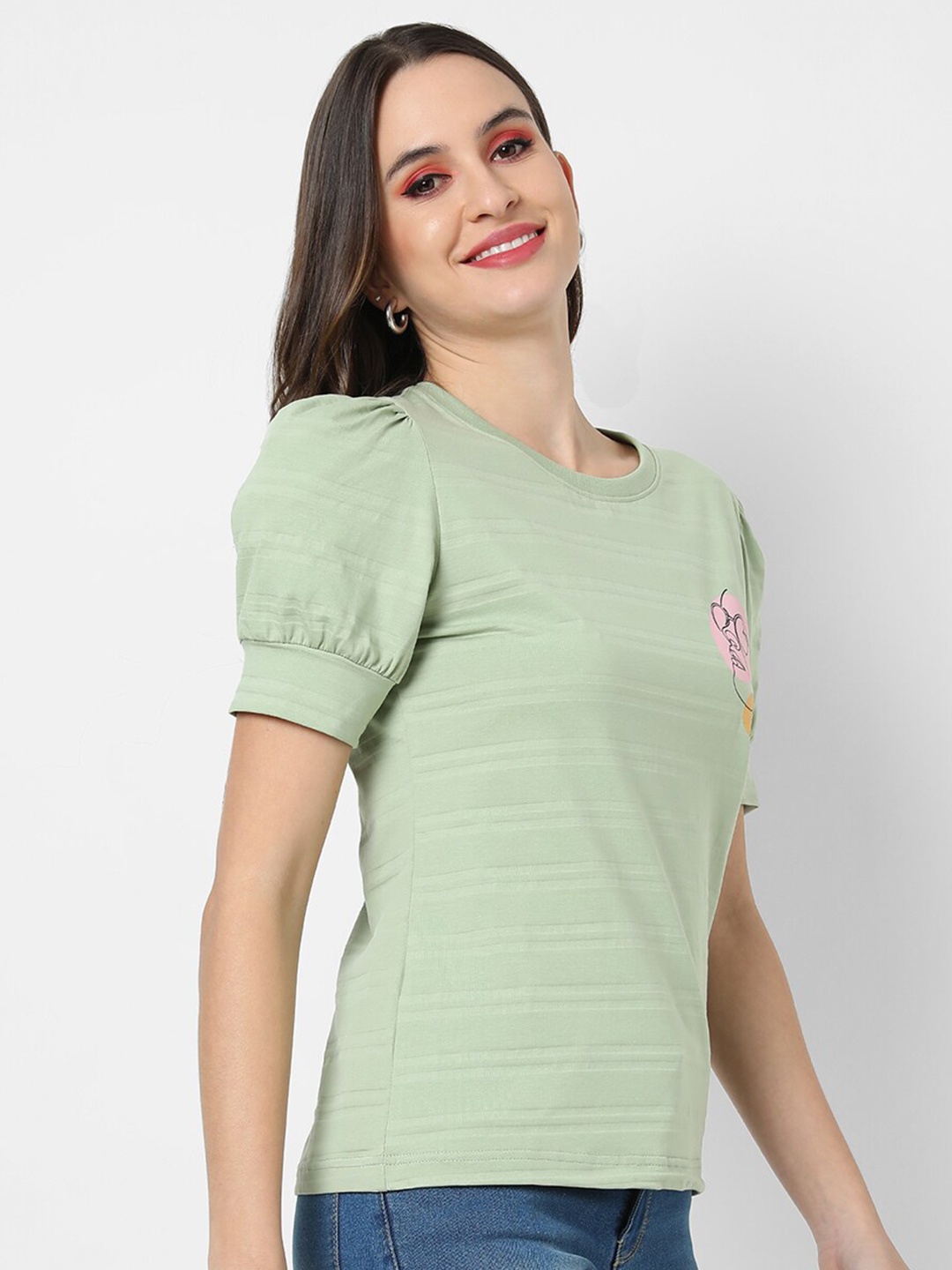 

Campus Sutra Women Green & Pink Striped Pure Cotton Regular Top