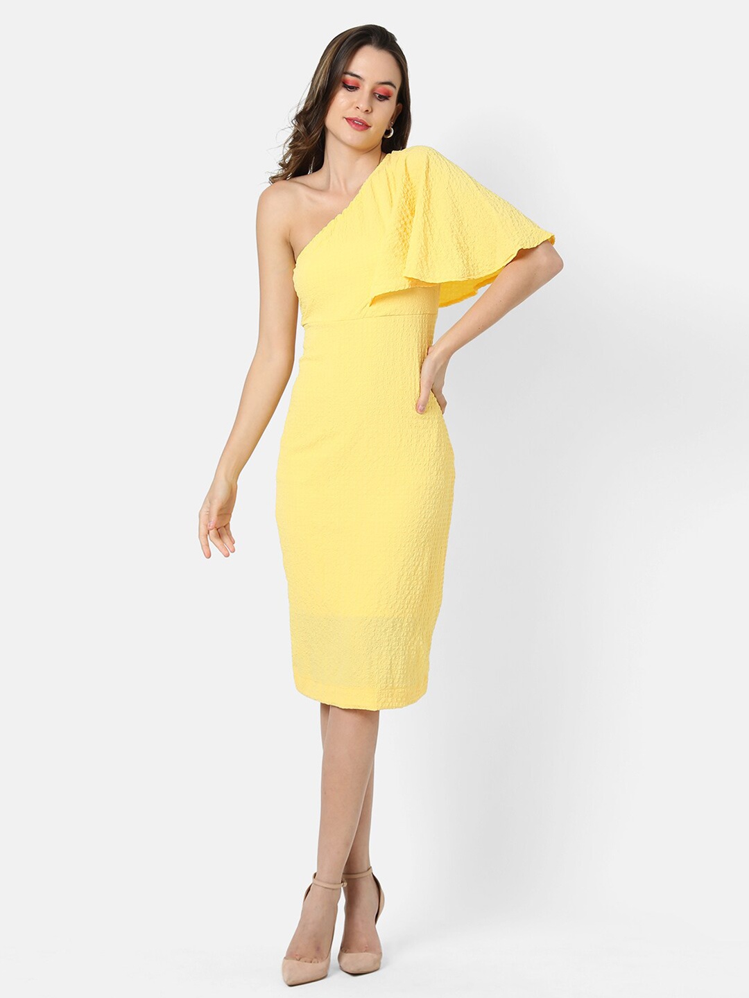 

Campus Sutra Women Yellow One Shoulder Crepe Sheath Dress