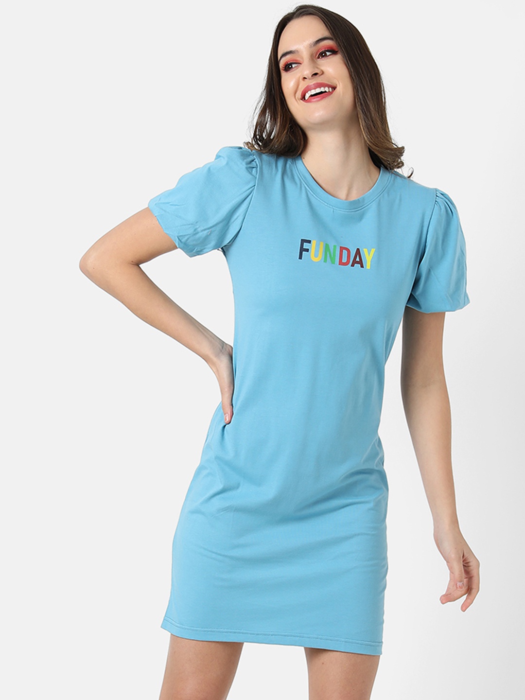 

Campus Sutra Women Blue Printed Cotton T-shirt Dress