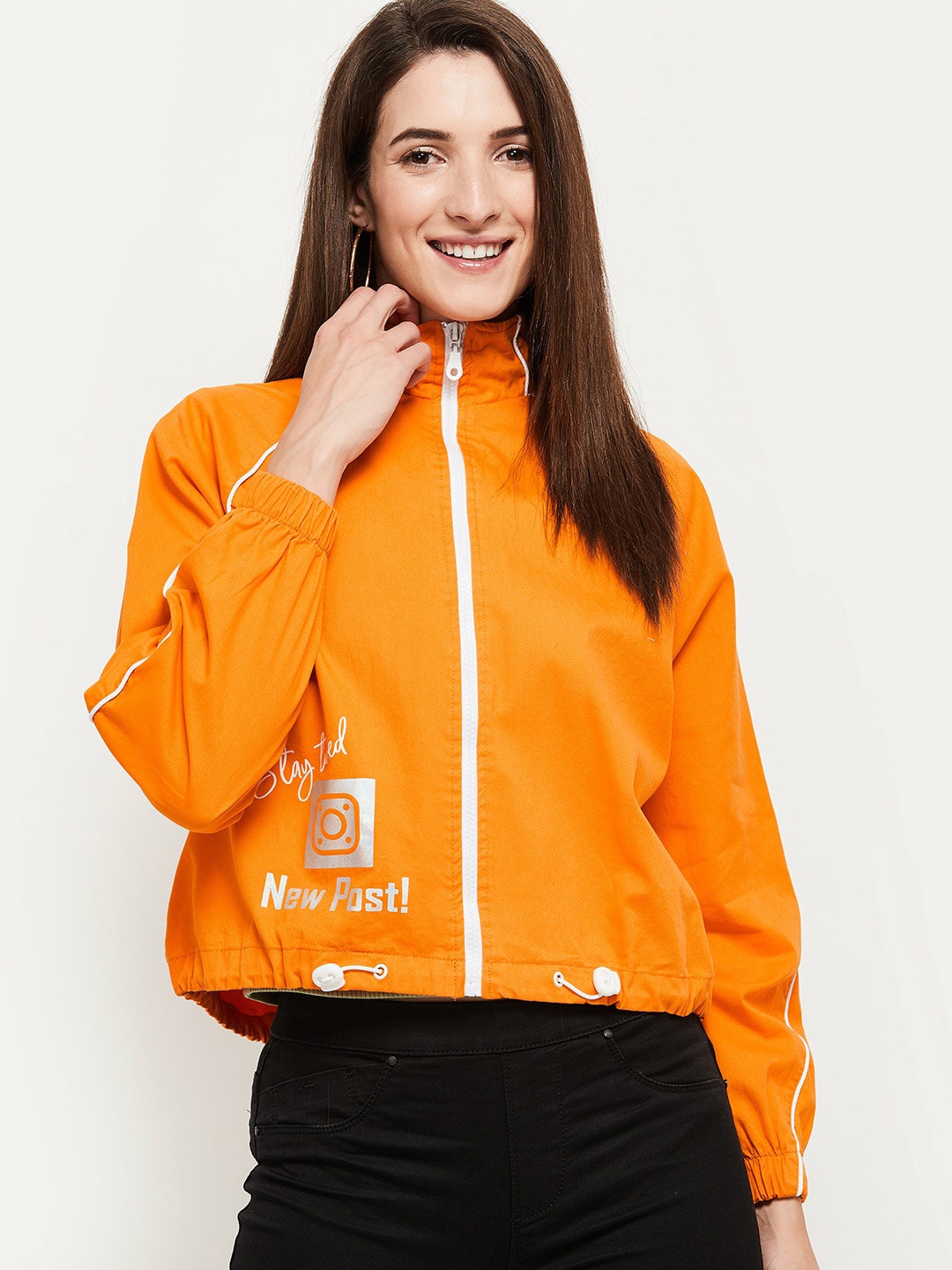 

max Women Orange Typography Crop Tailored Jacket