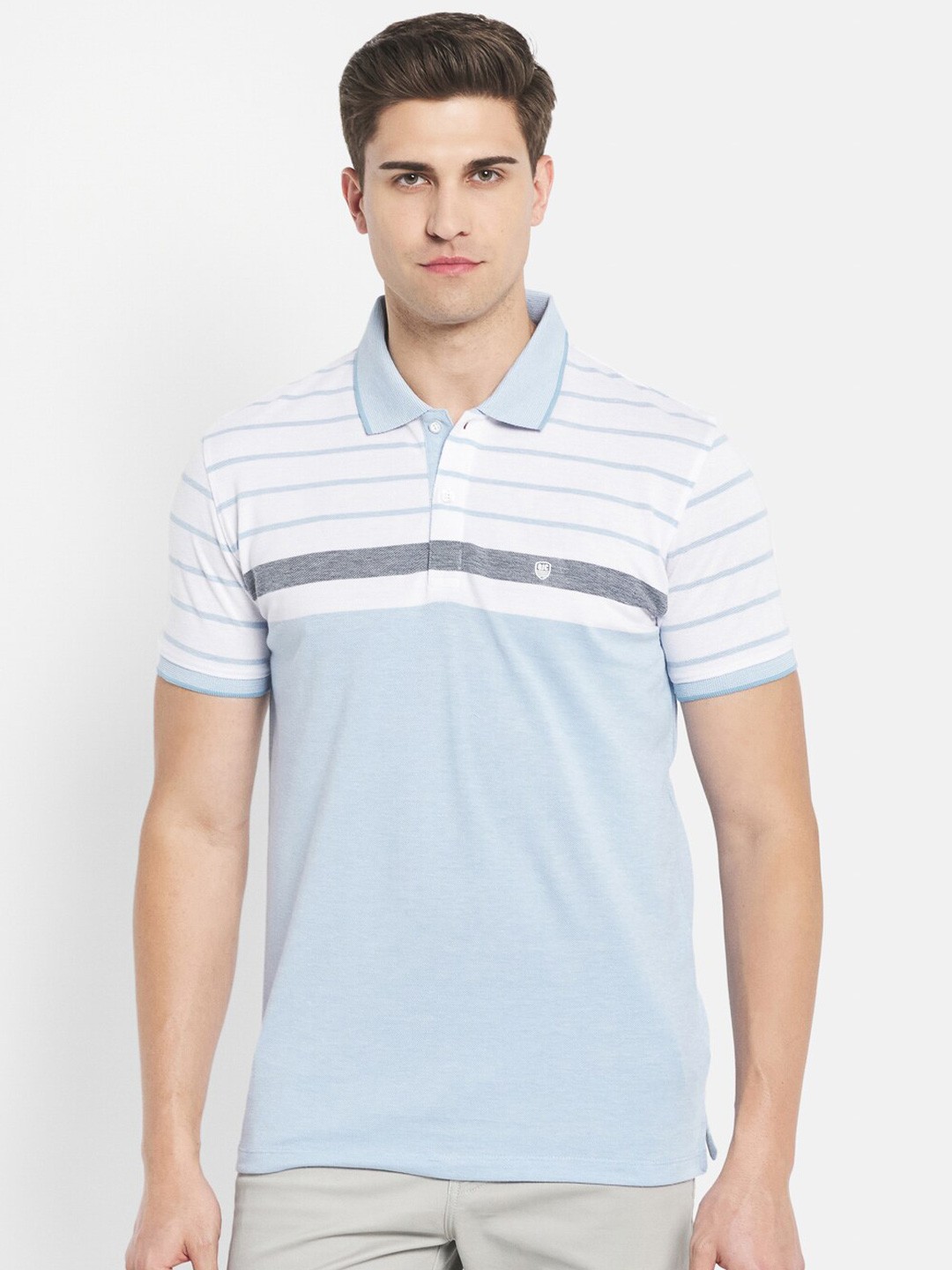 

Octave Men Blue Striped Polo Collar Cotton T-shirt