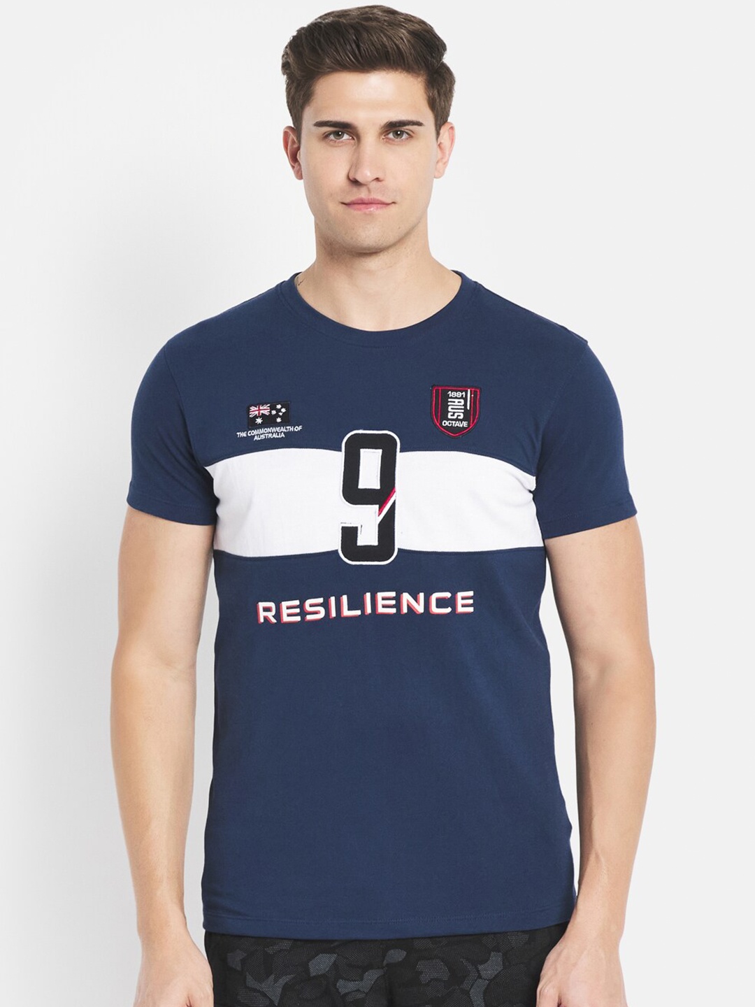 

Octave Men Blue Typography Colourblocked Cotton T-shirt