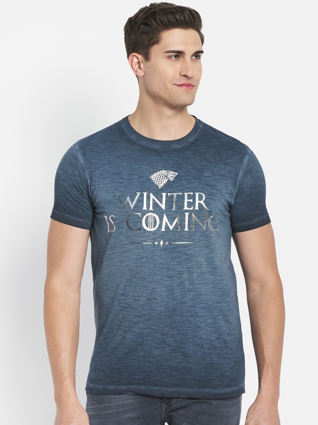 Octave Men Blue Printed Pure Cotton Edge T-shirt