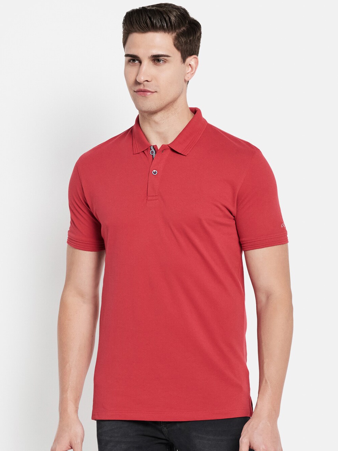 

Octave Men Red Solid Pure Cotton Polo Collar T-shirt