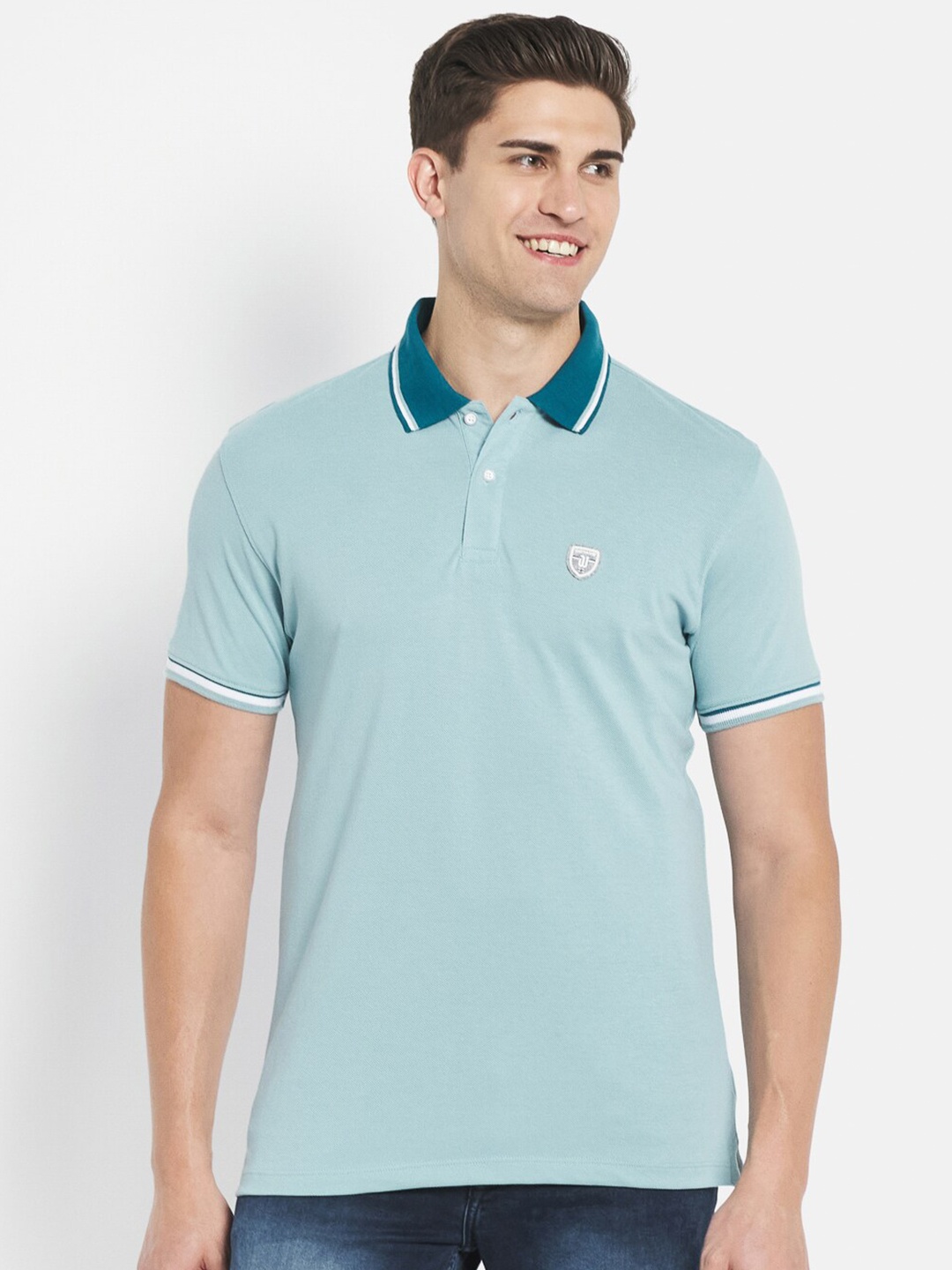 

Octave Men Teal Blue Polo Collar Cotton T-shirt