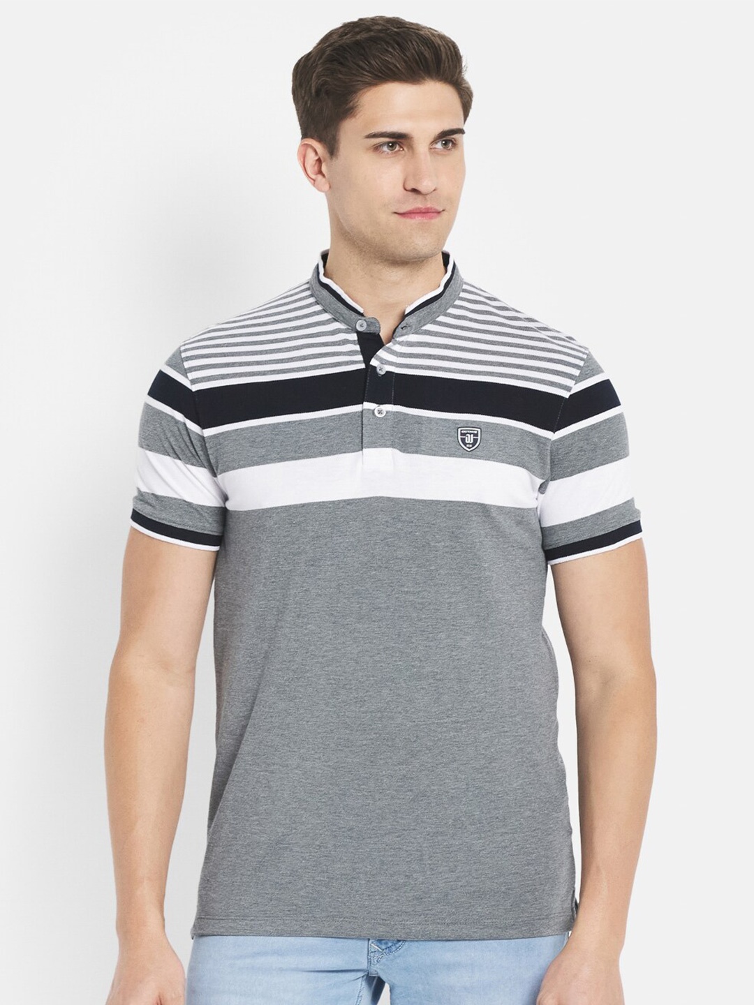 

Octave Men Grey & White Striped Cotton T-shirt