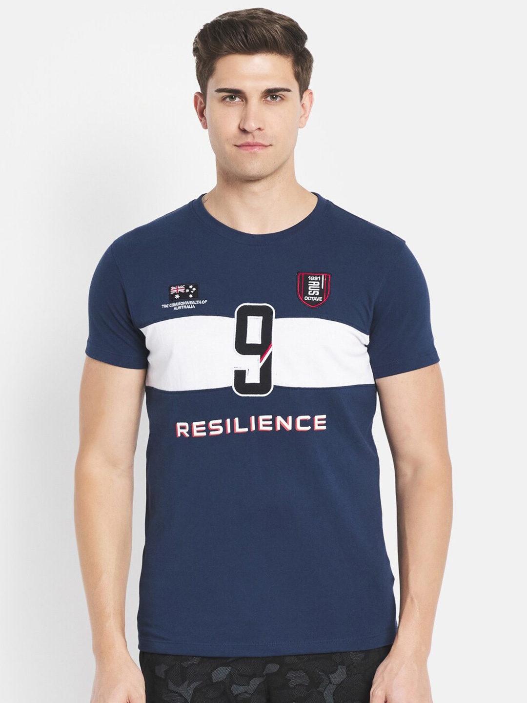 

Octave Men Blue Typography Colourblocked Cotton T-shirt
