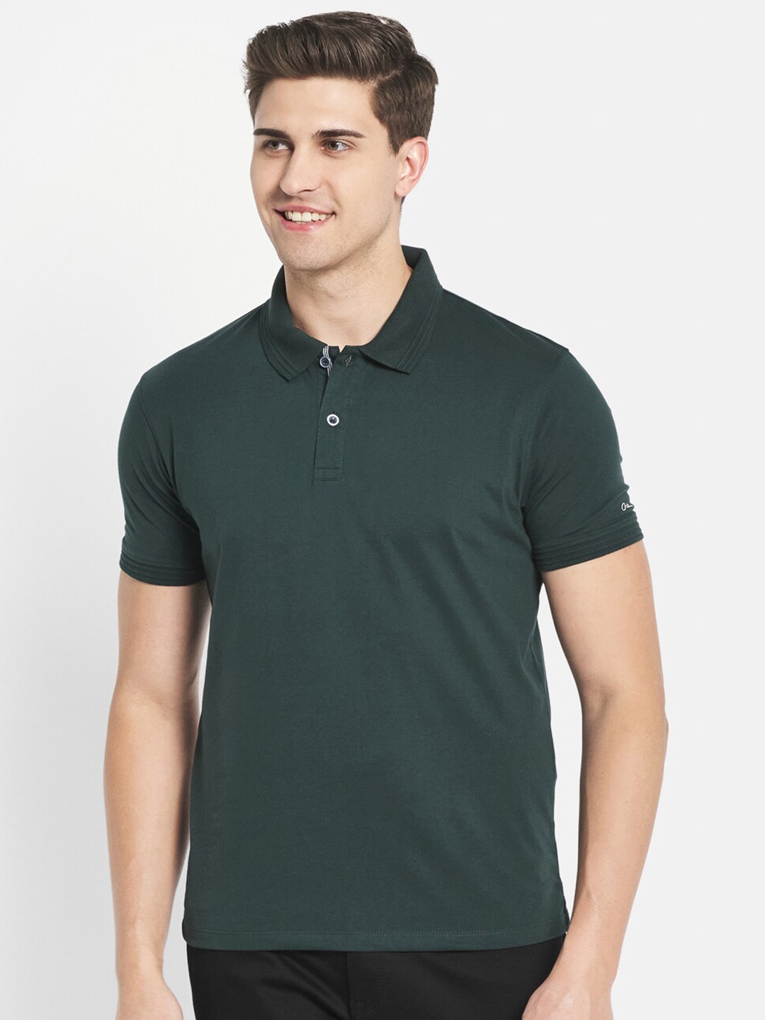 

Octave Men Green Solid Pure Cotton Polo Collar T-shirt