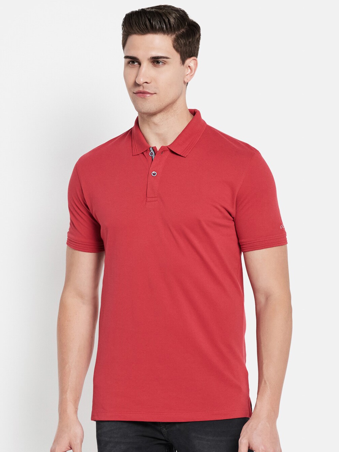 

Octave Men Red Solid Pure Cotton Polo Collar T-shirt