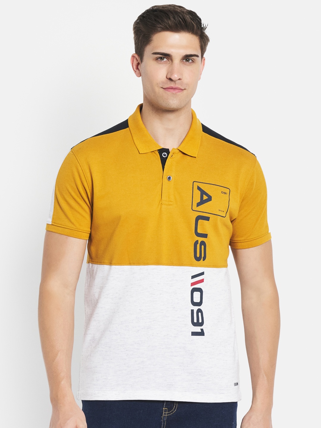 

Octave Men Mustard Yellow & White Colourblocked Polo Collar Cotton T-shirt