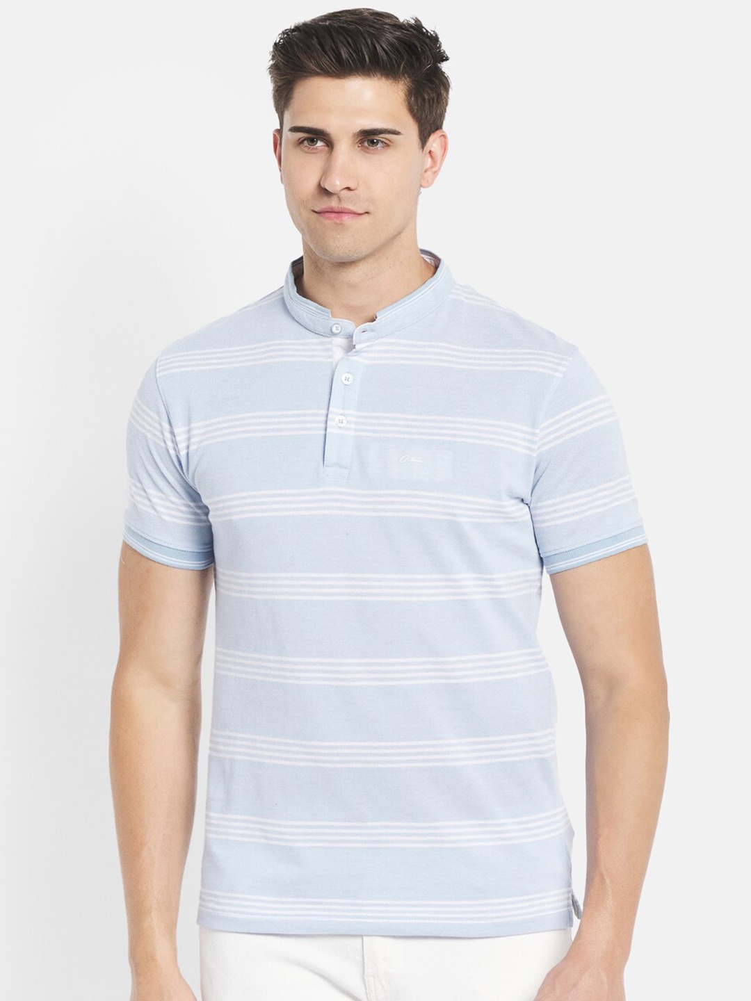 

Octave Men Blue & White Striped Pure Cotton Henley Neck T-shirt