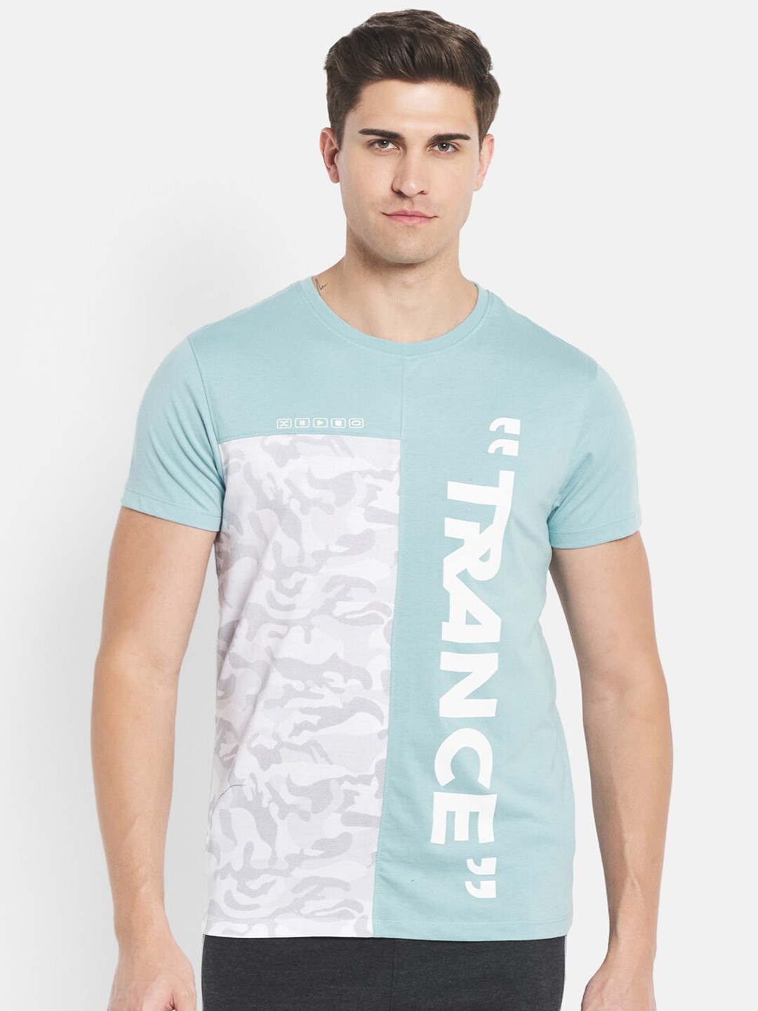 

Octave Men Turquoise Blue & White Typography Printed Cotton T-shirt