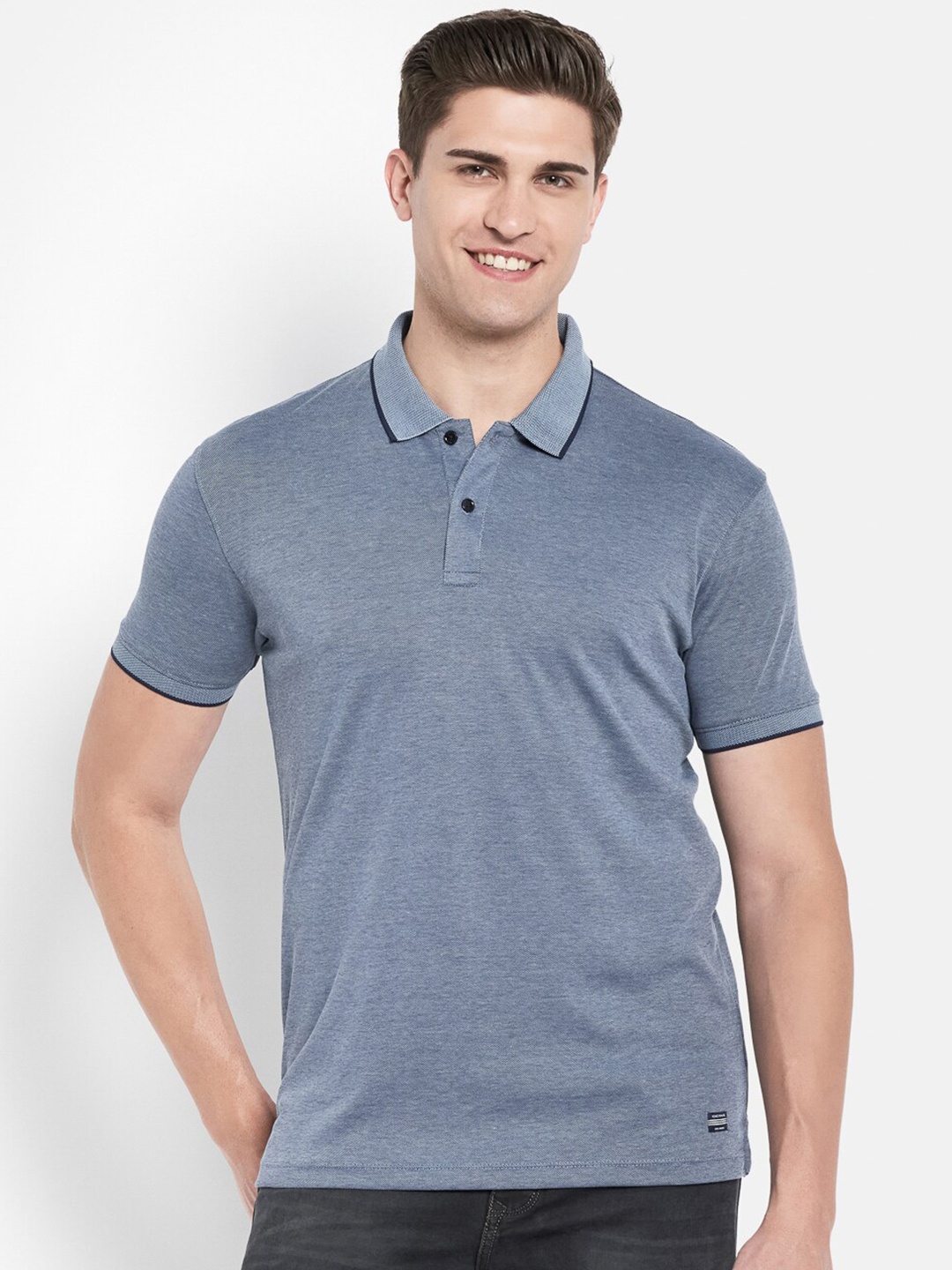 

Octave Men Blue Solid Pure Cotton Polo Collar T-shirt