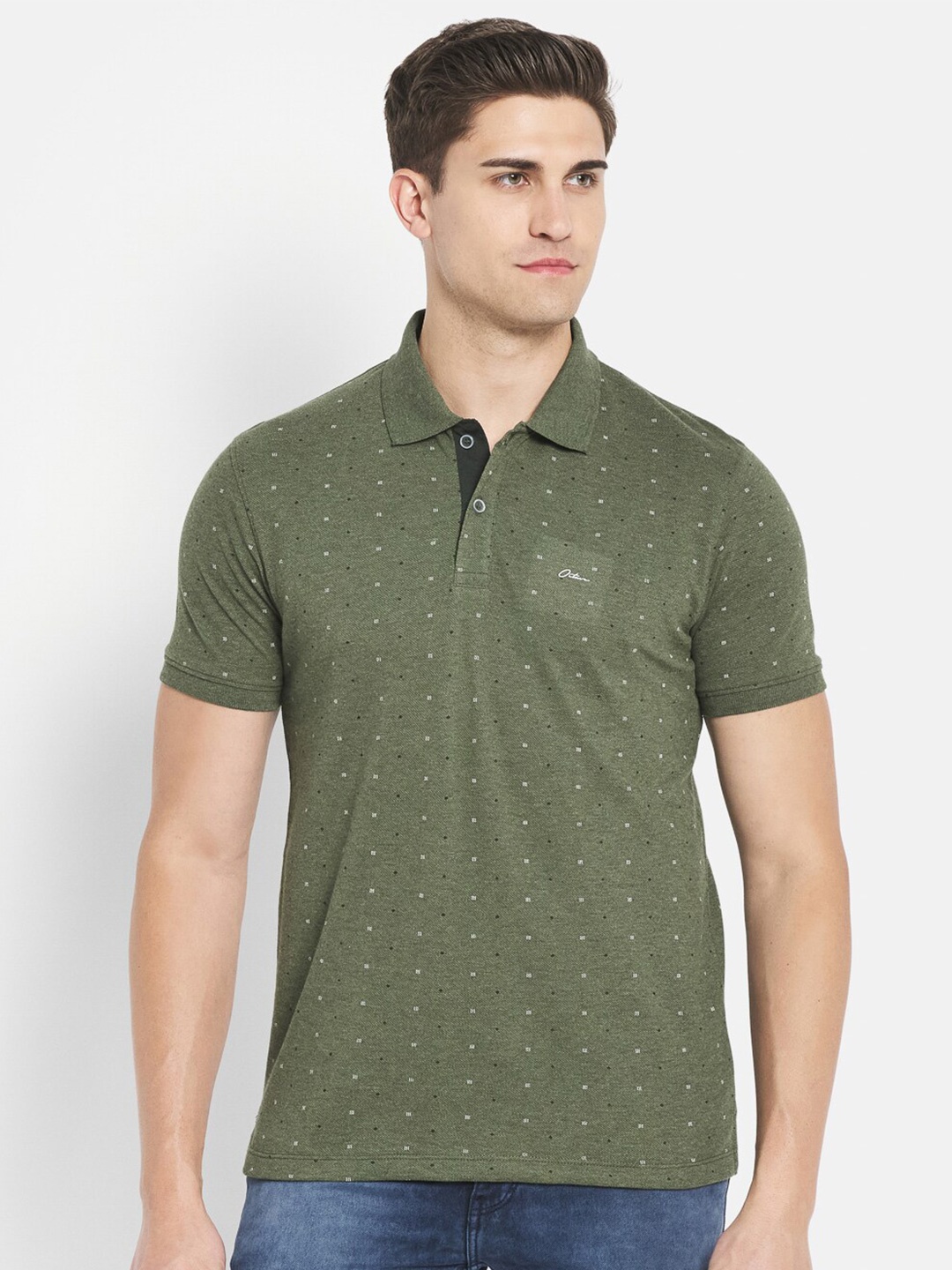 

Octave Men Olive Green Printed Polo Collar Cotton T-shirt