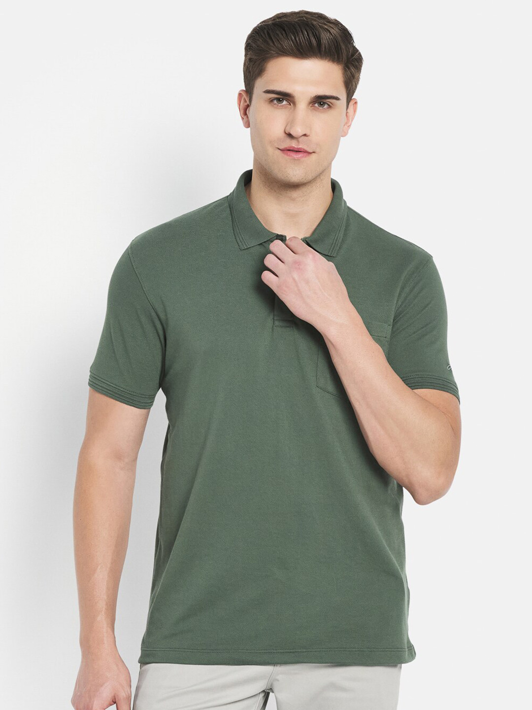 

Octave Men Green Polo Collar Cotton T-shirt