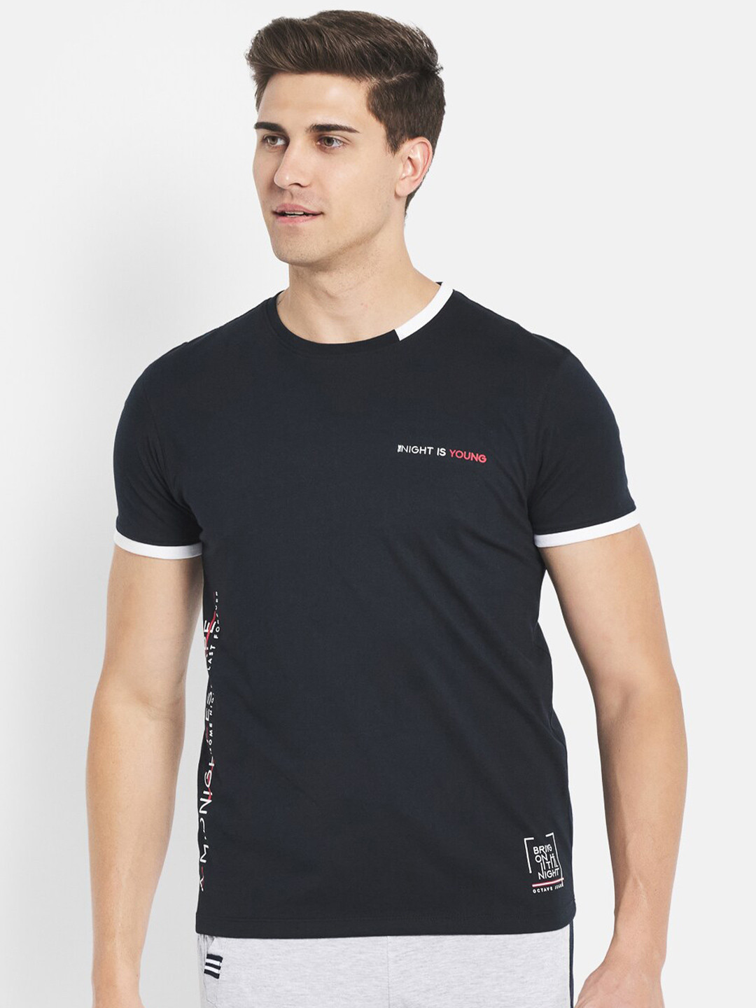 

Octave Men Navy Blue & White Typography Printed Cotton T-shirt
