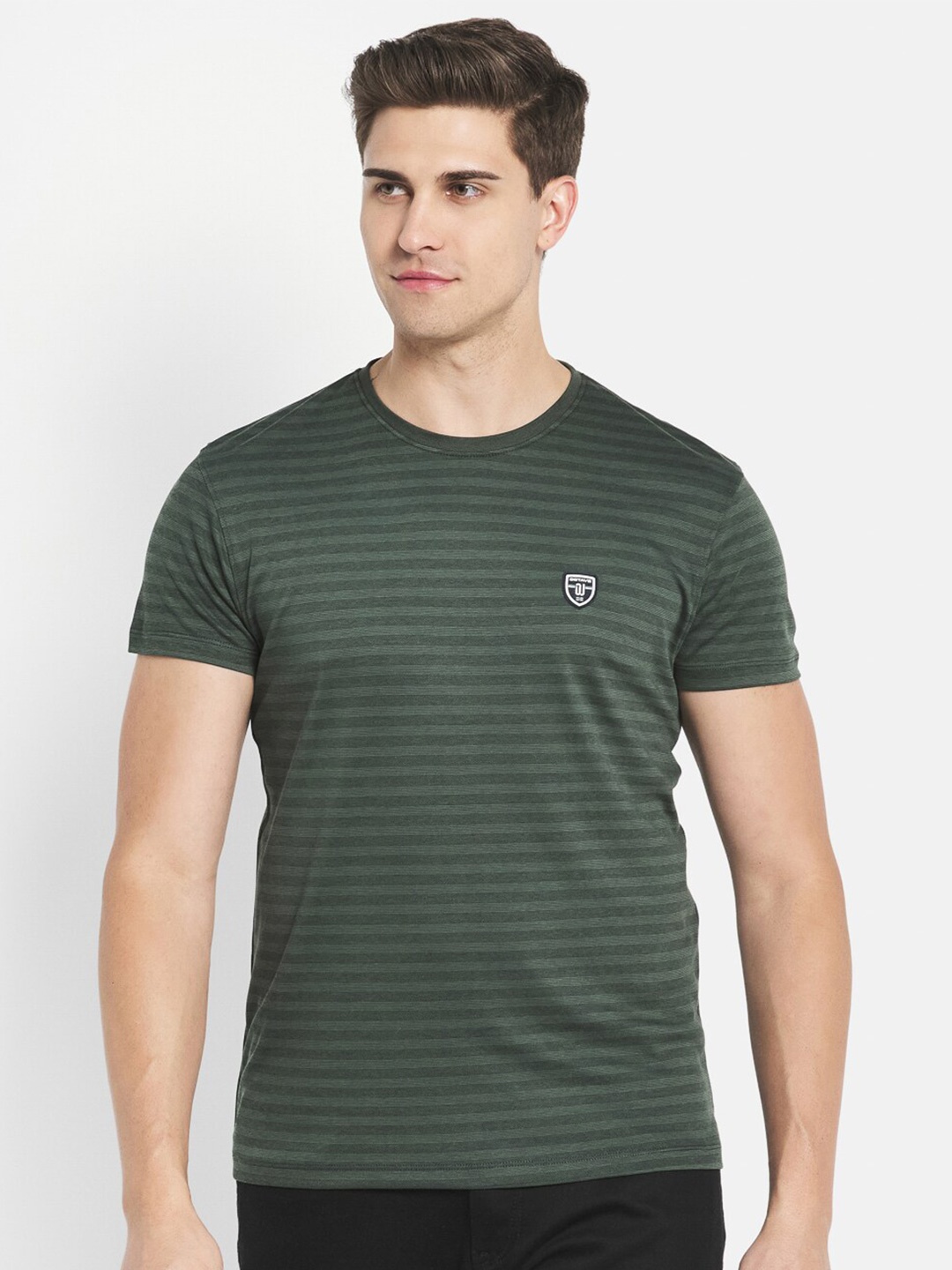 

Octave Men Olive Green Striped Cotton T-shirt