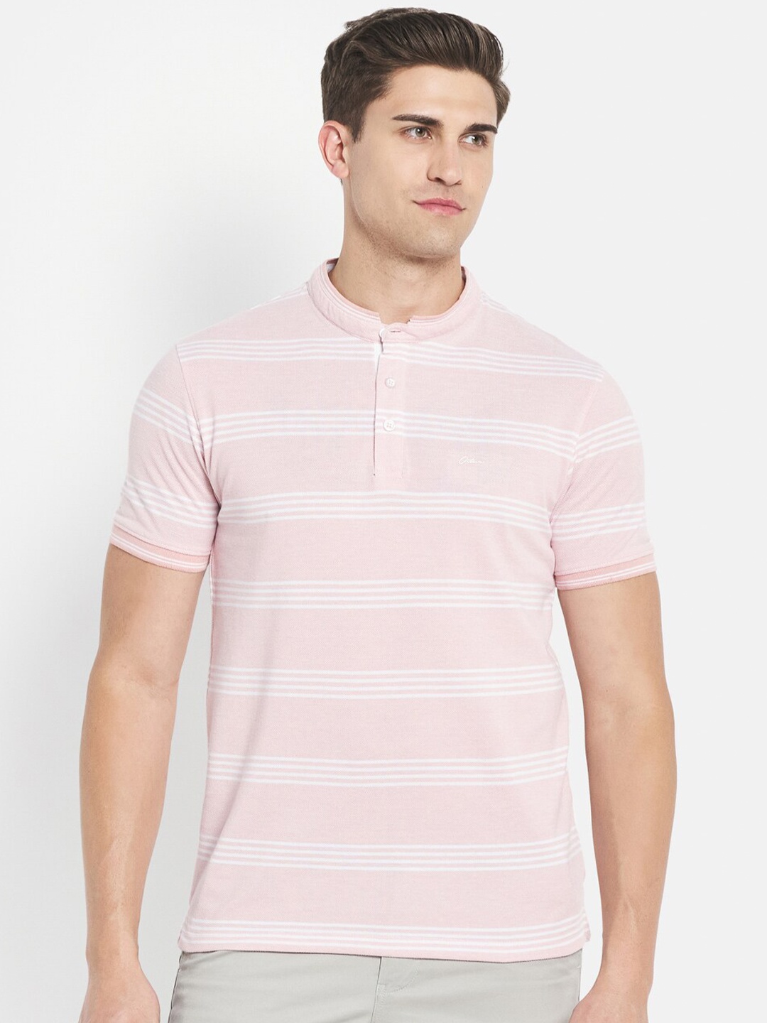 

Octave Men Pink & White Striped Cotton T-shirt