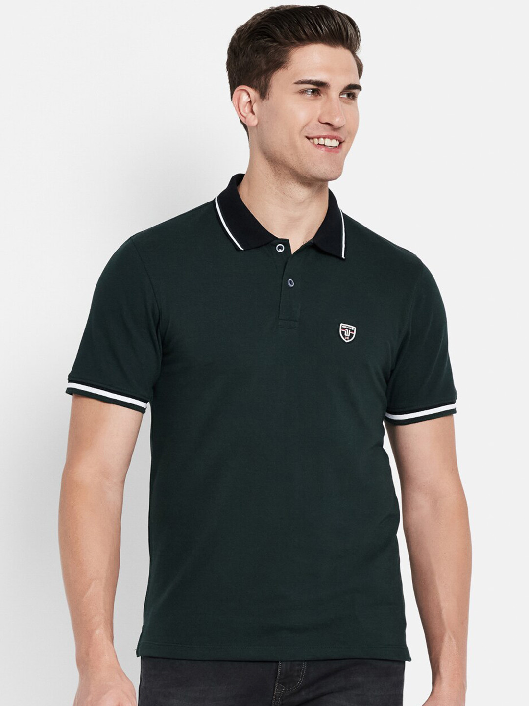 

Octave Men Green Solid Pure Cotton Polo Collar T-shirt