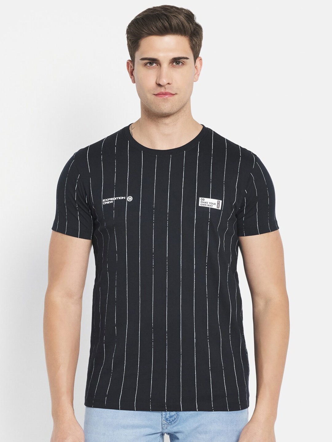 

Octave Men Navy Blue Striped Cotton T-shirt