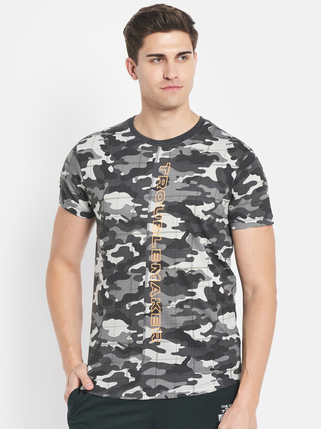 

Octave Men Charcoal Grey & White Printed Pure Cotton T-shirt