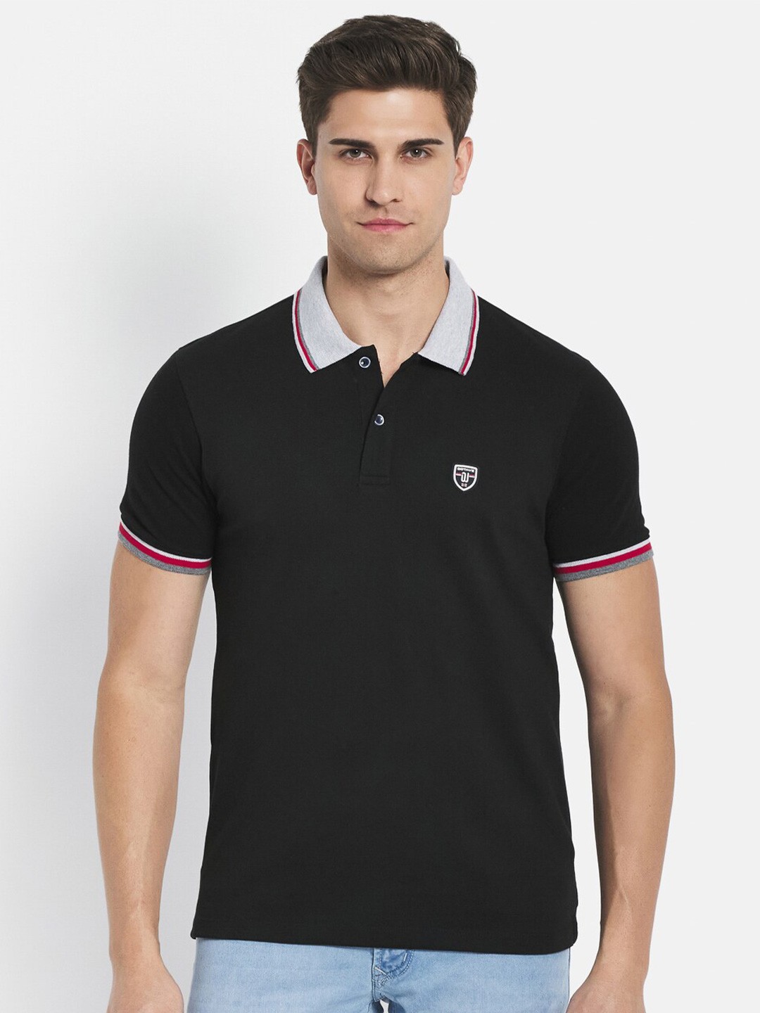 

Octave Men Black Polo Collar Applique Cotton T-shirt
