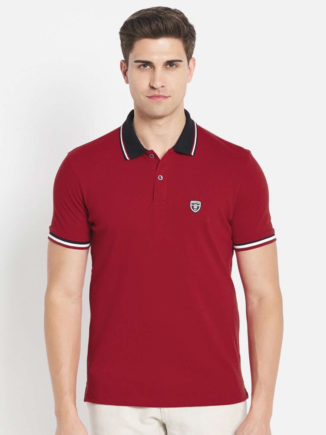 

Octave Men Maroon Polo Collar Applique Cotton T-shirt