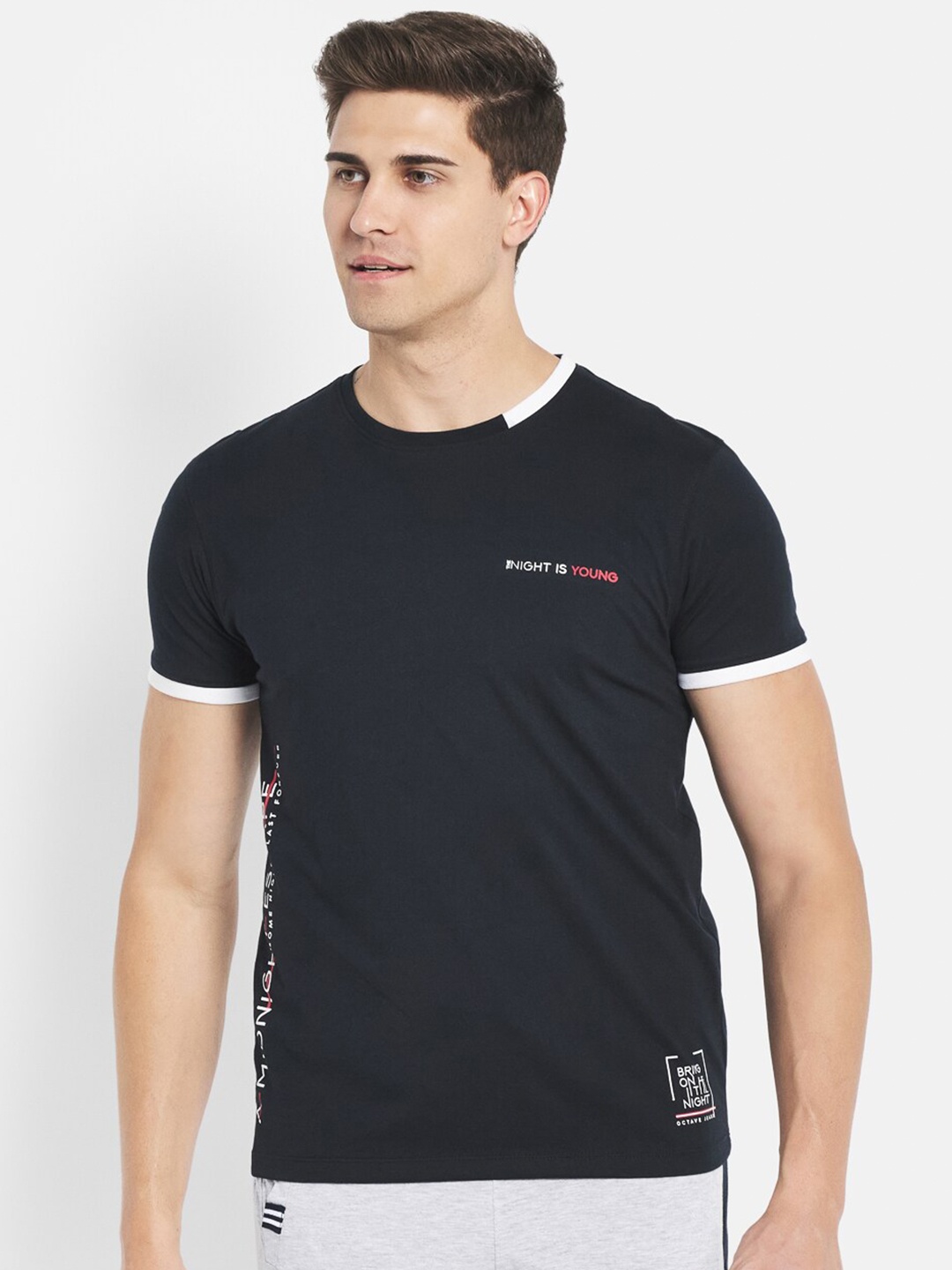 

Octave Men Navy Blue & White Typography Printed Cotton T-shirt
