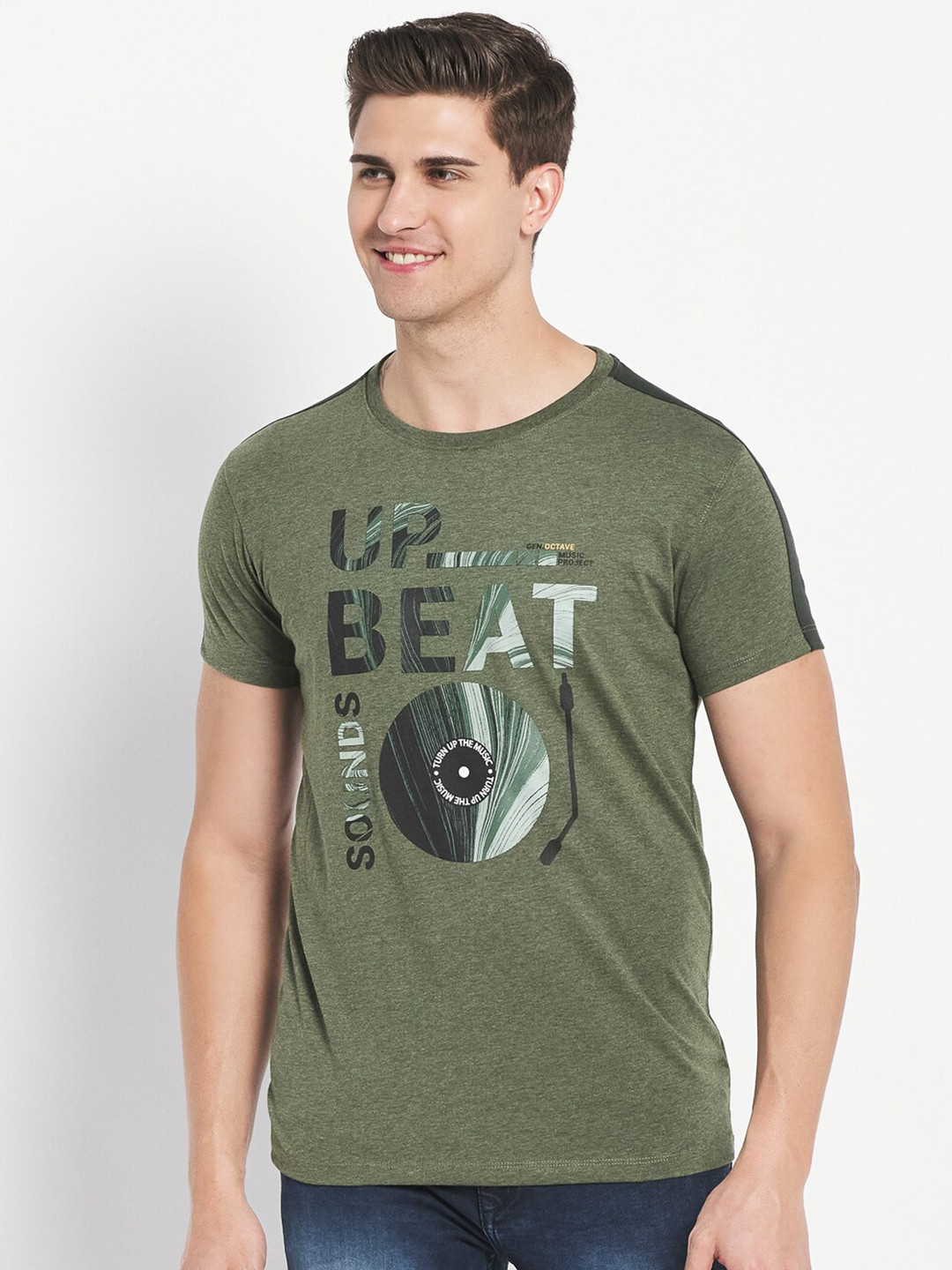 

Octave Men Olive Green & Black Typography Printed Cotton T-shirt