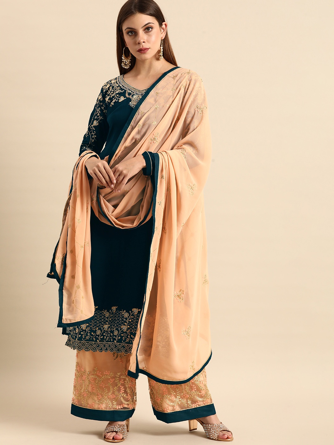 

Shaily Teal Green & Peach-Coloured Embroidered Unstitched Dress Material