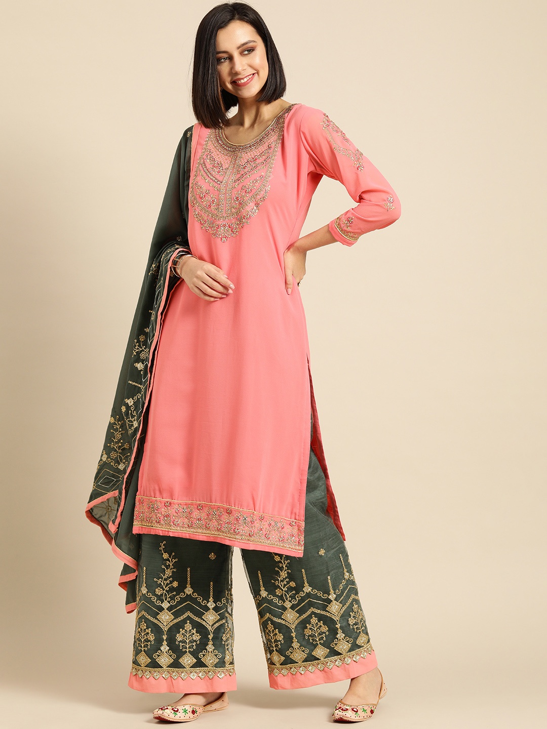 

Shaily Women Dusty Pink & Green Embroidered Silk Georgette Unstitched Dress Material