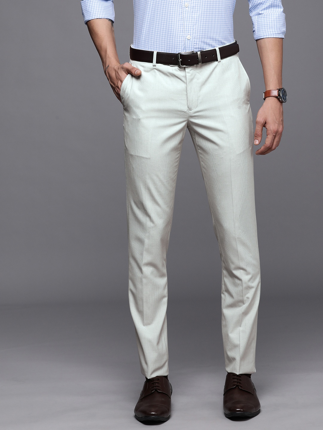 

SUITLTD Men Beige Houndtooth Smart Slim Fit Formal Trousers