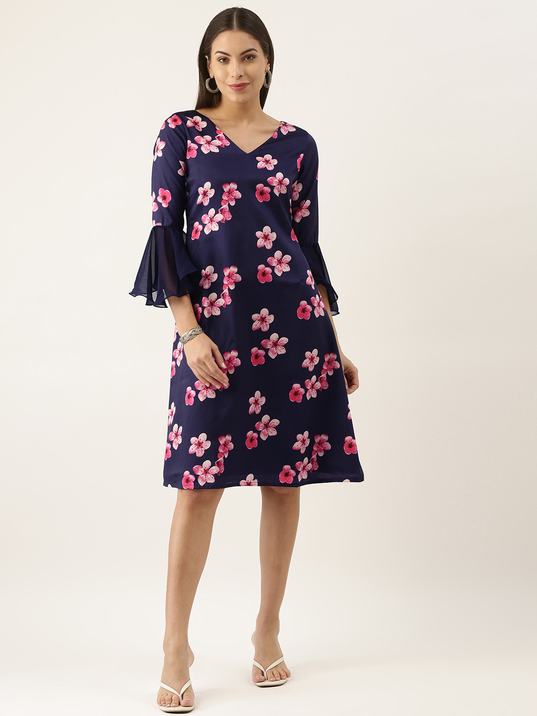 

Ethnovog Blue Pink Floral A-Line Dress