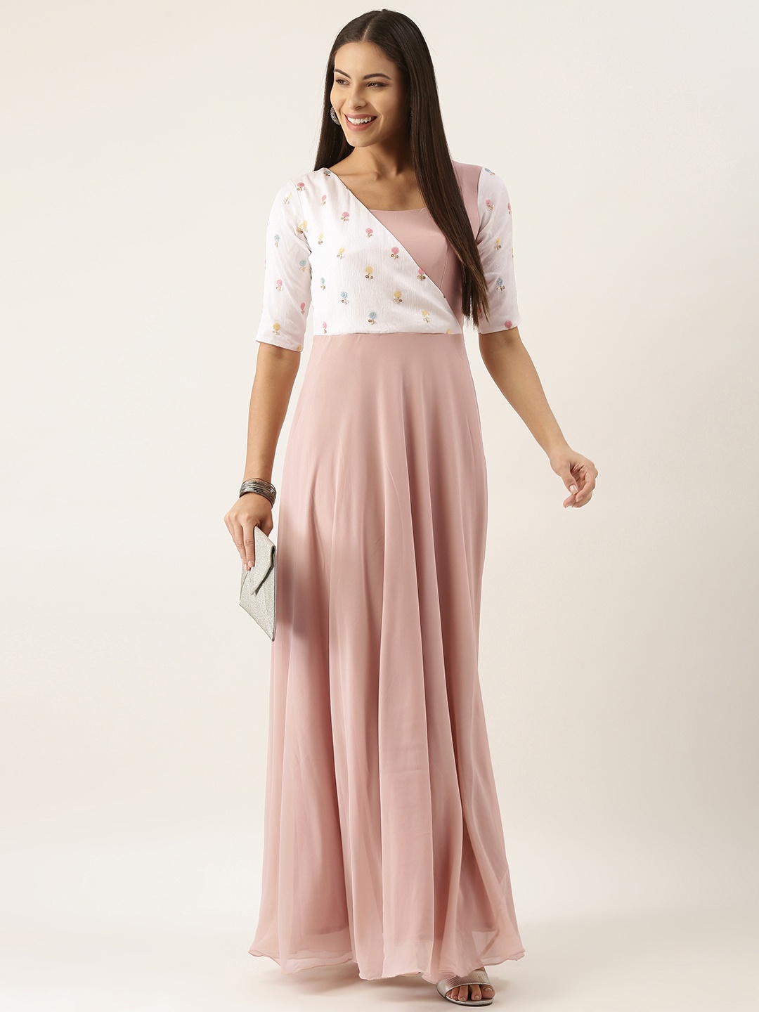 

Ethnovog Pink White Georgette Maxi Dress