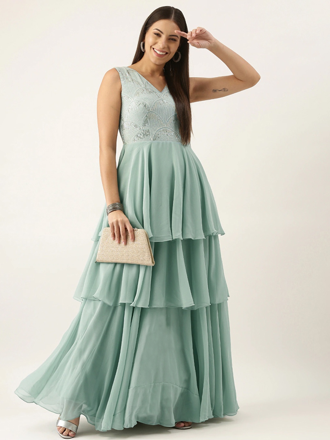 

Ethnovog Green Layered Sequinned Georgette Maxi Dress