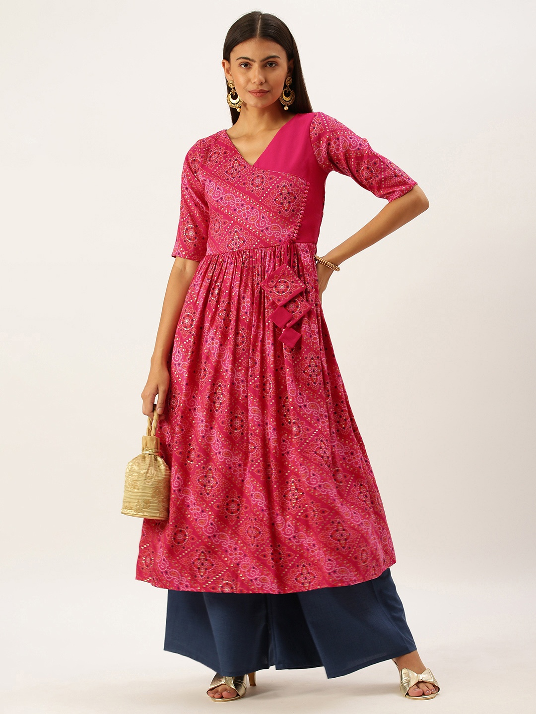 

Ethnovog Women Pink Bandhani Printed Kurta