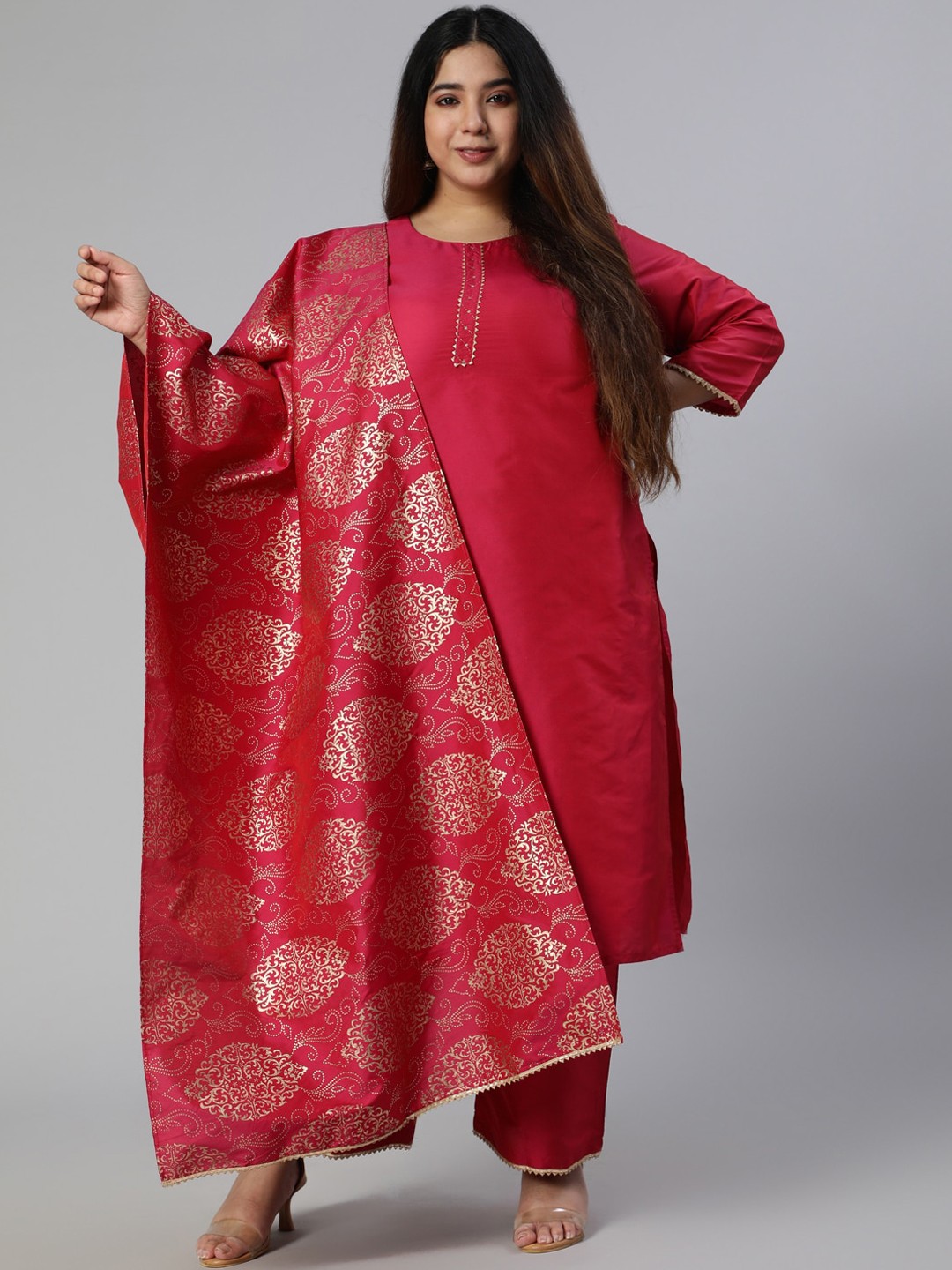 

Jaipur Kurti Plus Size Women Pink Gotta Patti Kurta with Palazzos & With Dupatta