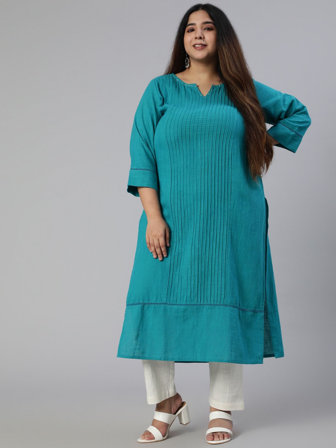 

Jaipur Kurti Plus Size Women Teal Blue Solid Pure Cotton Pintucks Kurta