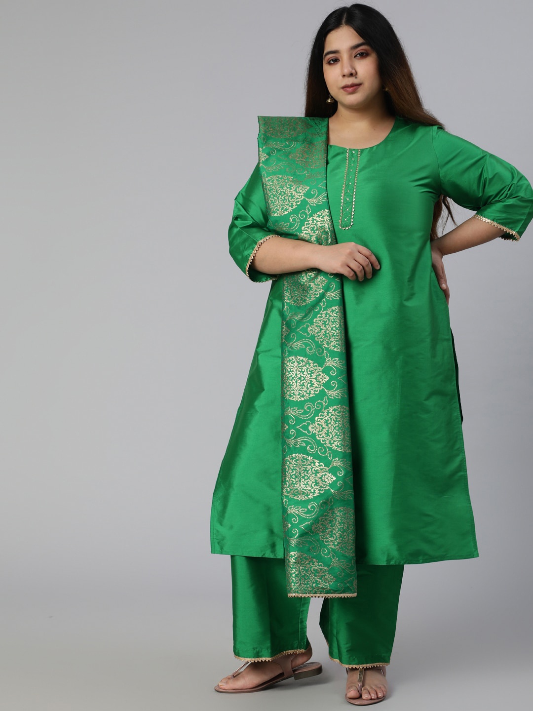 

Jaipur Kurti Women Green Gotta Patti Kurta Palazzos Set With Dupatta