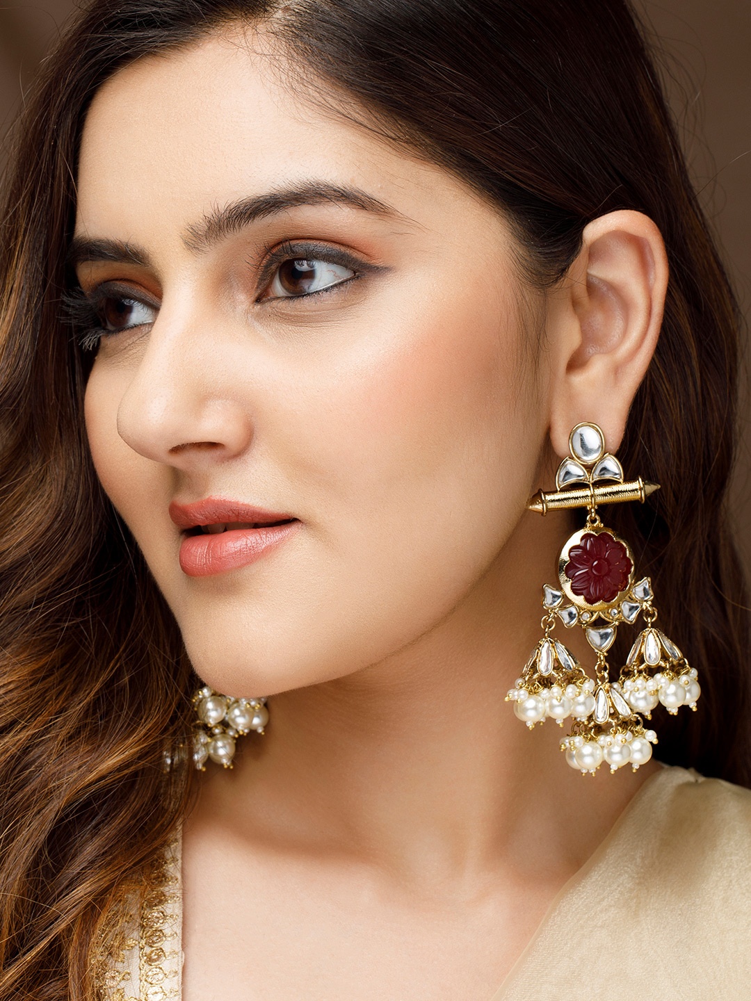 

Rubans Gold-Plated & Red Kundan Studded Handcrafted Jhumkas Earrings