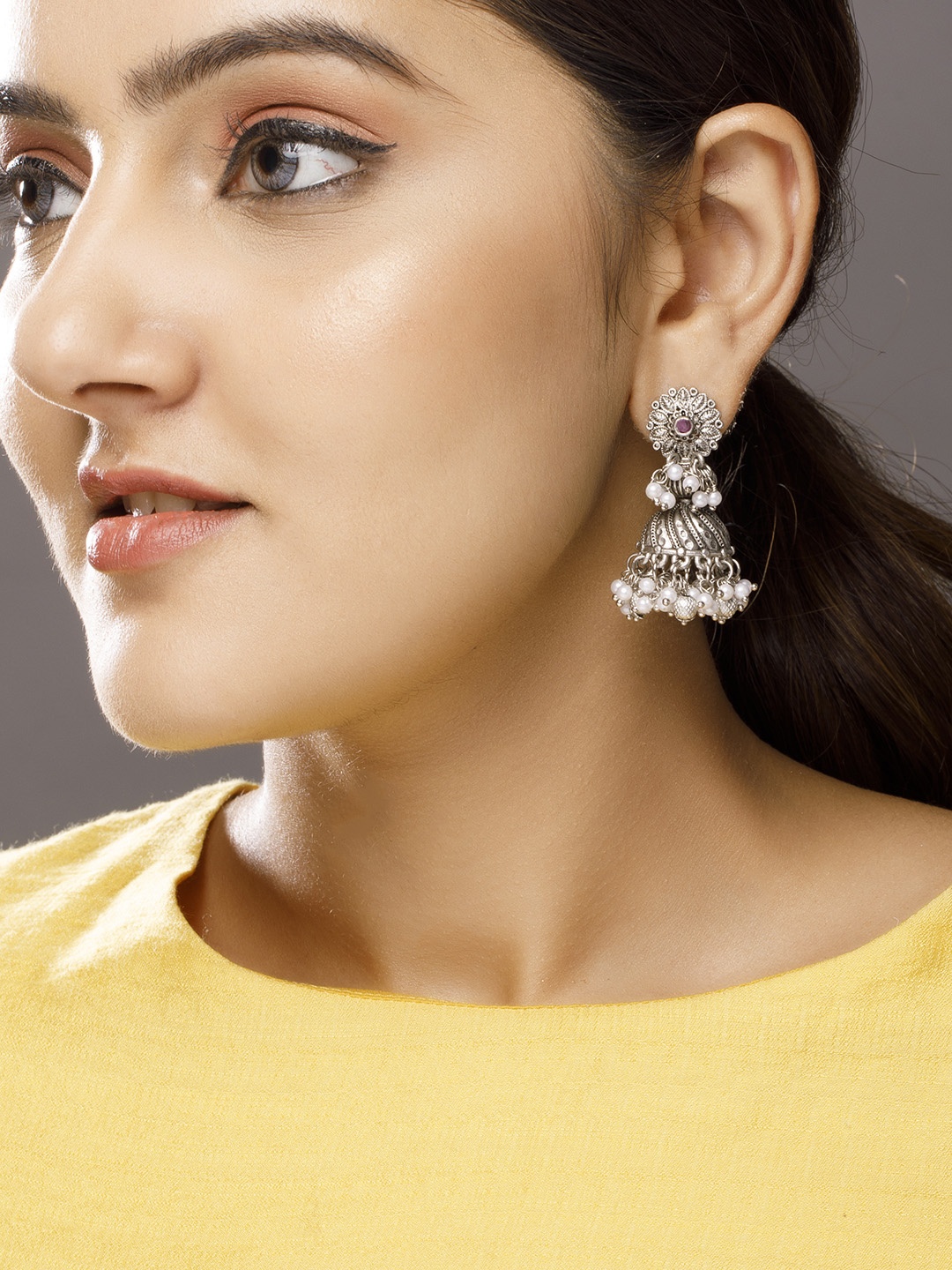 

Rubans Silver-Plated Oxidised Pearls Dome Shaped Jhumkas Earrings