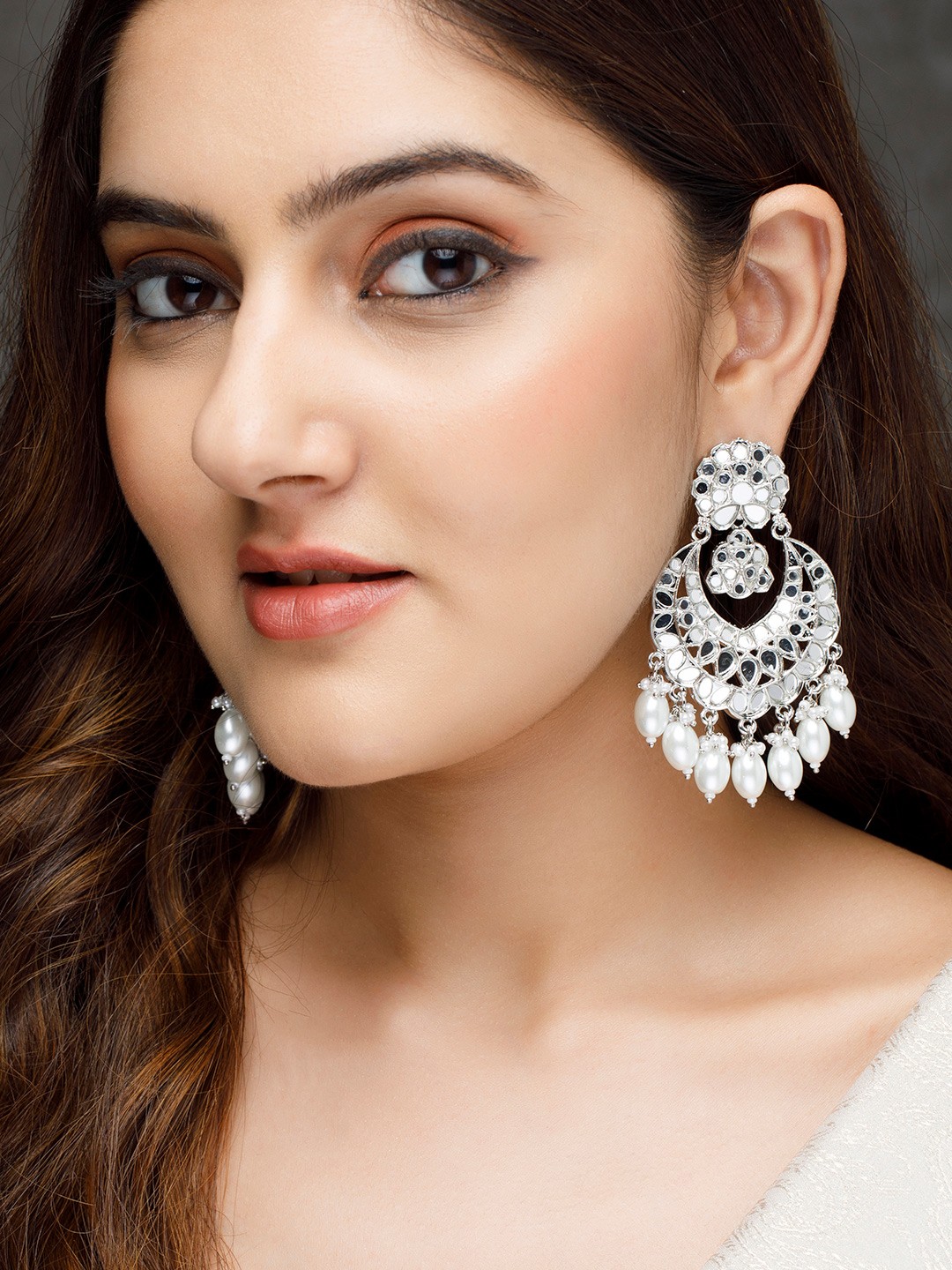 

Rubans Silver-Toned Crescent Shaped Mirrors & Pearls Drop Earrings